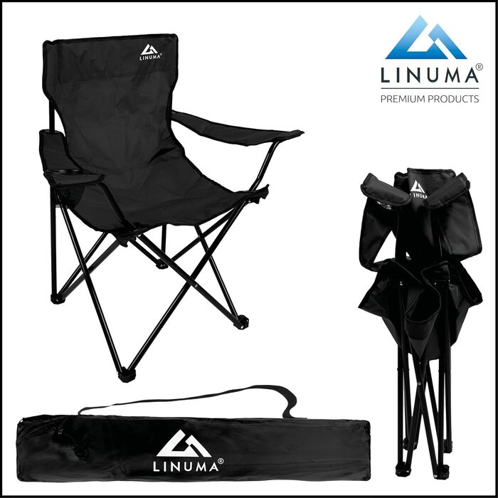 LINUMA® Складний стілець для риболовлі та відпочинку на природі - чорний, з підстаканником та сумкою для перенесення
