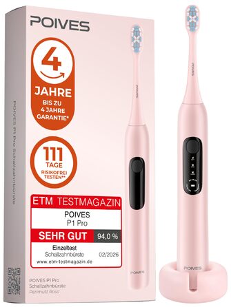 Електрична зубна щітка POIVES P1 Pro - ультразвукова, рожева перлина, з датчиком тиску, 4 роки гарантії