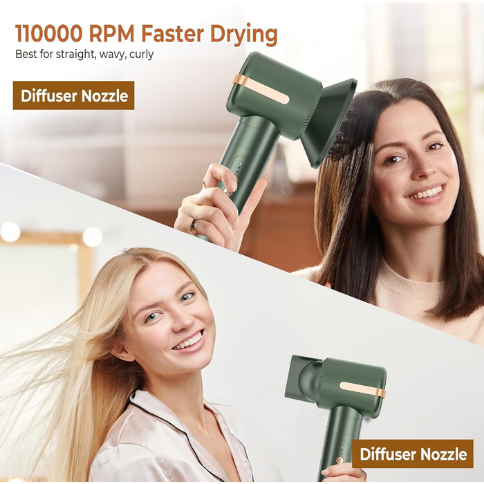 Atopskins Hairstyler: Фен-щітка 7-в-1 для створення зачісок, 110000 RPM, з іонізацією, дифузором, локонами, об'ємом, випрямленням, для волосся, зелений
