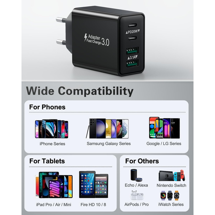 Мережевий адаптер USB C, 40W, 4 порти, швидка зарядка, універсальний зарядний пристрій для iPhone, iPad, Samsung та інших телефонів, білий/чорний (2 шт.)