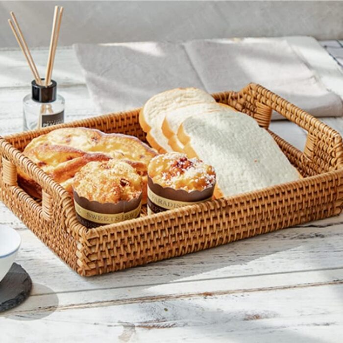 Rattan Serving Tray with Handles, Rectangular Tray from Rattan for Breakfast, Drinks, Snacks for Eating/Coffee Table (43 cm)