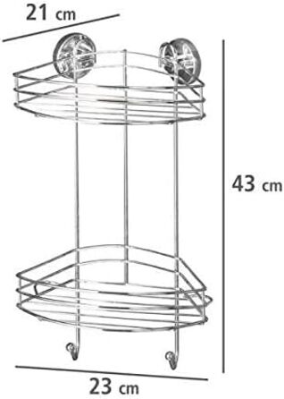 WENKO Vacuum-Loc Corner Shelf 2 Tiers Chrome, Shower Shelf with 2 Levels and 2 Hooks, Drill-Free Attachment with Vacuum, Chrome-Plated Metal, 24.5 x 41 x 16 cm