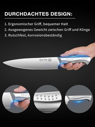 Набір кухонних ножів Qianying з блоком: 14 предметів. Набір ножів з підставкою, точилка, срібний колір. Кухонні ножі, подарунок для мами. Преміум якість.