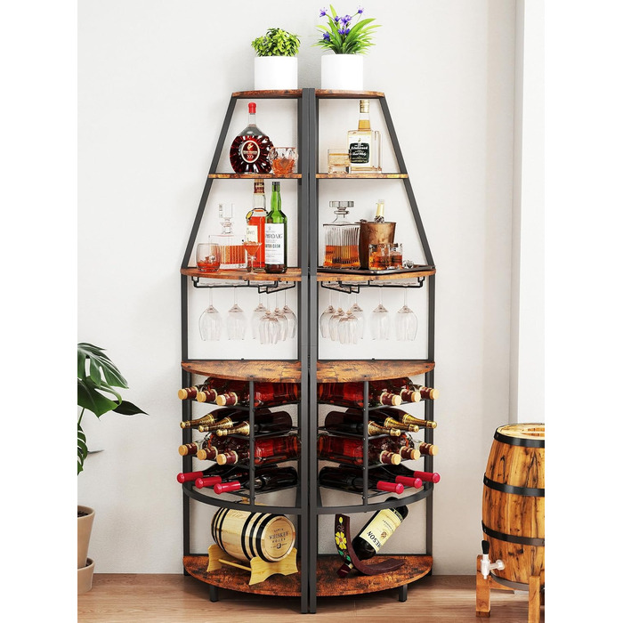 Стеллаж для вина Nisorpa на 12 пляшок, 5-ярусний кутовий, з тримачем для келихів, вінтажний коричнево-чорний
