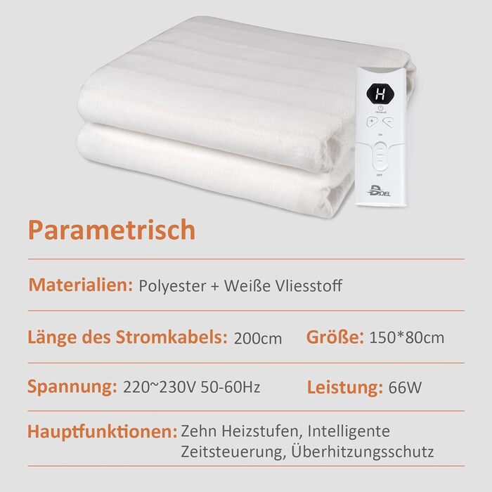 Електрична грілка DOEL 150x80 см, 10 режимів нагріву, таймер, машинне прання, 115W