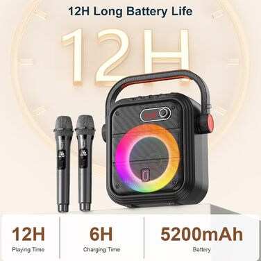 Караоке машина JYX з 2 бездротовими мікрофонами, портативна Bluetooth колонка з RGB-підсвічуванням, підтримка TF/USB, AUX, FM, запис, TWS, караоке система для вечірок, PA-система для дорослих/дітей