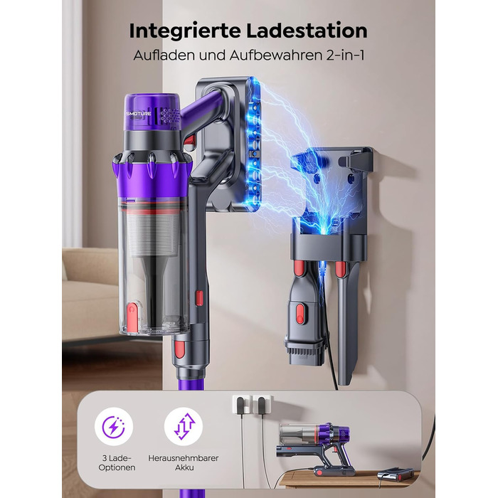 SMOTURE Бездротовий акумуляторний пилосос 50 000 Па, 65 хв роботи, міні-турбонасадка, самостійна парковка, антизаплутана щітка, док-станція на стіні, для шерсті тварин/килимів/твердих поверхонь/автомобіля, модель: VAC02, темно-фіолетовий