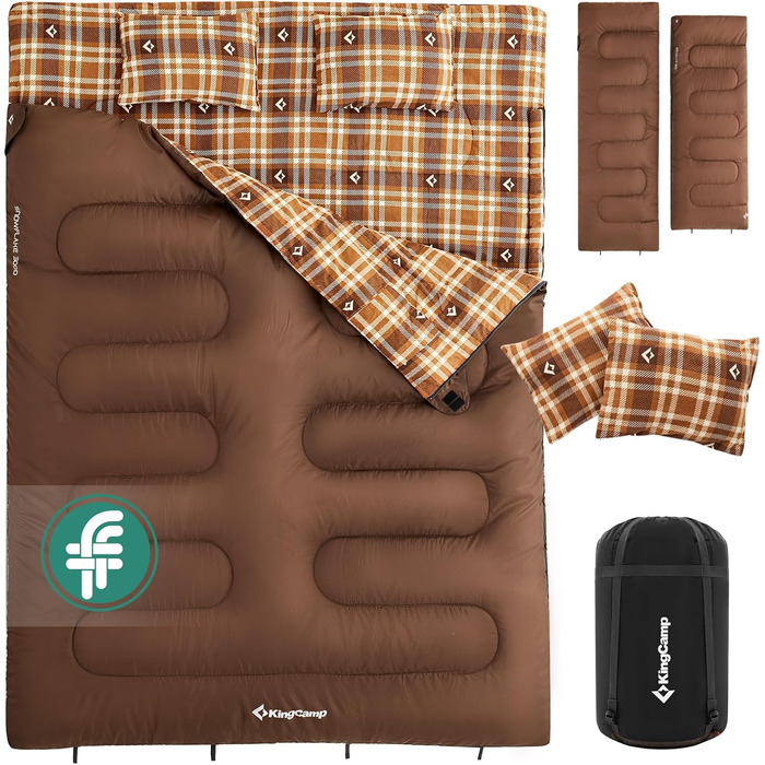 Спальний мішок KingCamp для 2 осіб з фланелі, зимовий, теплий, 3-4 сезони, з 2 подушками, для кемпінгу, подорожей та активного відпочинку на природі