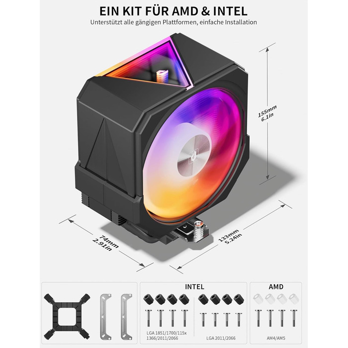 upHere UP1 Elite KC4C: Кулер для процесора з RGB підсвічуванням, 120мм, 4 теплові трубки, сумісний з AMD AM4/AM5 та Intel