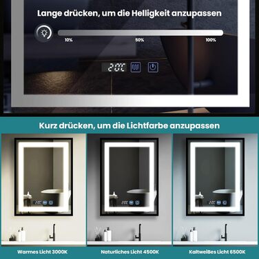 Дзеркало YOURLITE з підсвічуванням 70x50 см, LED дзеркало для ванної кімнати з сенсорним вимикачем, годинником, 3 кольори світла, регулювання яскравості, антизапарник, пам'ять, срібний (чорний, 80x60 см)