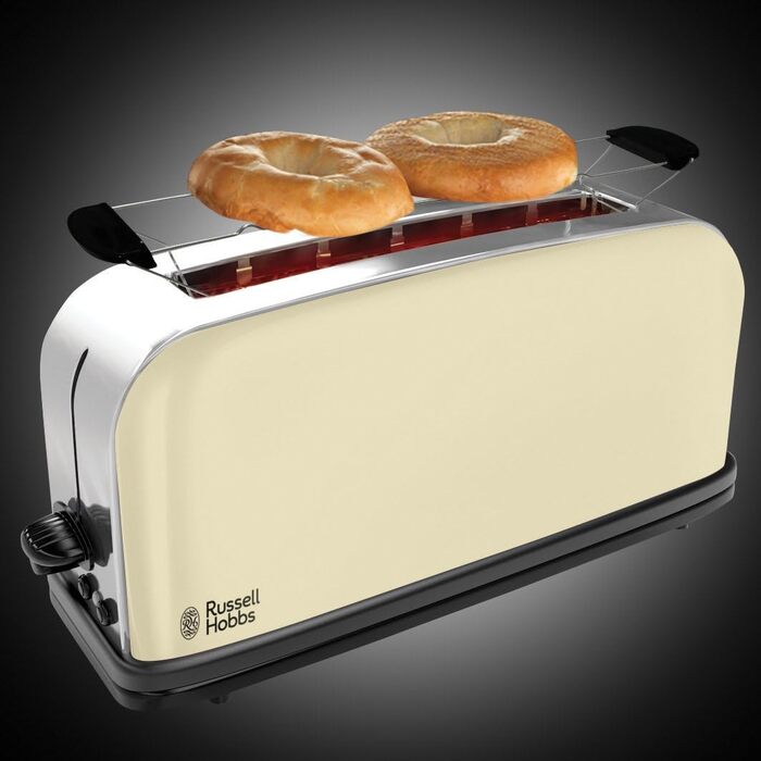 Тостер Russell Hobbs Colours+ з широким слотом, 2 скибки, нержавіюча сталь, кремовий, 1000 Вт, підставка для булочок, 6 режимів підсмажування, функція розморожування