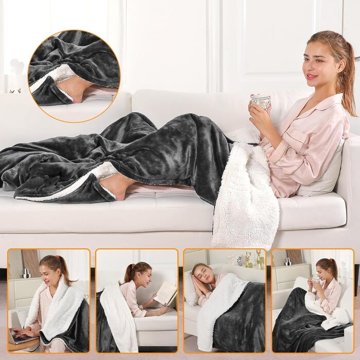 Електрична ковдра OneAmg з таймером та пультом, 155x180 см, 6 режимів нагріву, машинне прання, блакитна з кишенькою сірого кольору