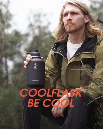 Coolflask 2L Stainless Steel Water Bottle with PU Leather Sleeve, Half Gallon Insulated Water Bottles with Straw Lid, Stainless Steel Metal Large Water Jug, Keeps Cold for 48h Hot for 24h, Polar Black