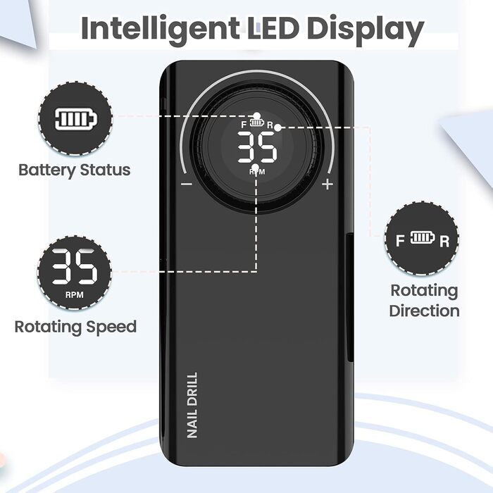 Електричний фрезер для манікюру та педикюру Delanie з акумулятором, 35000 об/хв, для гелю, акрилу, видалення кутикули, LED-дисплей, USB-зарядка (чорний)