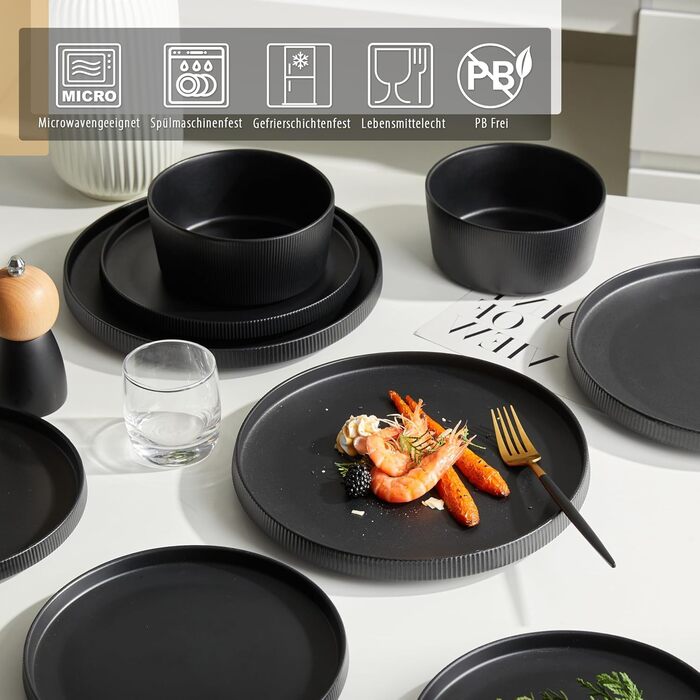 Набір посуду Jiwoo на 4 особи (12 предметів): тарілки, миски, десертні тарілки, Bone China, чорний матовий, для мікрохвильовки та посудомийної машини