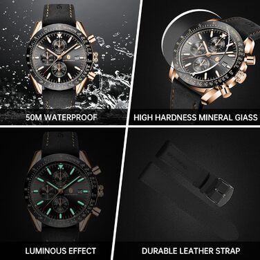 Годинник чоловічий BENYAR Chronograph з аналоговим кварцовим механізмом, шкіряний ремінець, стильний дизайн для бізнесу та спорту, водонепроникність 30M, елегантний подарунок для чоловіків (чорний ремінець/рожево-золотий корпус/чорний циферблат)