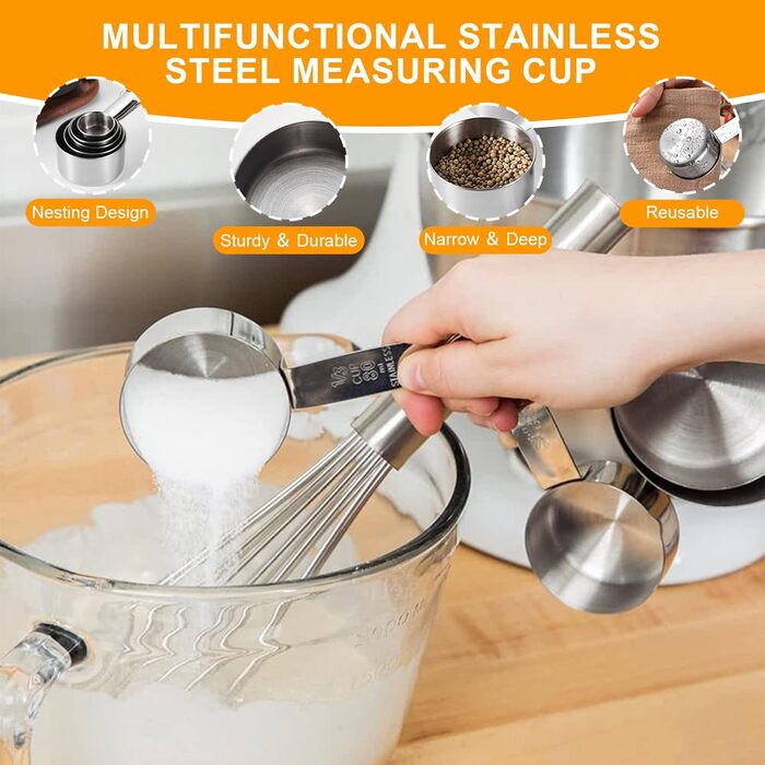 Mixing Bowl 3-Piece Set, Measuring Cup and Measuring Spoon 12-Piece Set, 5 Cup Pitcher & 7 Measuring Spoons, Nesting Cups, Stainless Steel Teaspoons and Tablespoons 18/8 for Baking and Cooking (Silver)