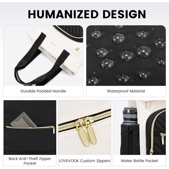 LOVEVOOK Рюкзак для ноутбука жіночий Елегантний 15.6 дюймів 2-в-1 Сумка-рюкзак Водонепроникний для дівчат, підлітків з відділенням для ноутбука, жіночий рюкзак, повсякденна сумка для універу, школи, подорожей, роботи, 15.6', Бежевий, Чорний