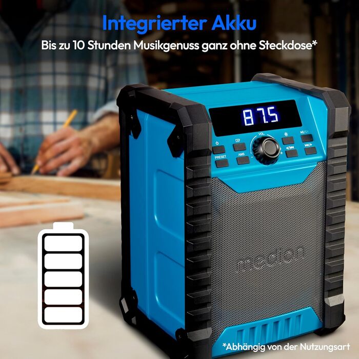 MEDION E66877 DAB+ Радіо для будівельних майданчиків: Bluetooth 5.0, IP44 (вологозахист), LED-ліхтар, акумулятор та мережа, DAB+ радіоприймач