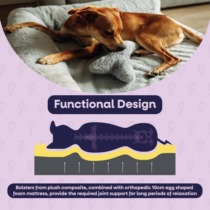 Ортопедичне ліжко для собак великих порід, диванчик для собак з високим бортиком, ліжко для домашніх тварин, собаче ліжко-софа, бавовняне льон та штучне хутро (Сірий, L(90 * 68 * 20 см))