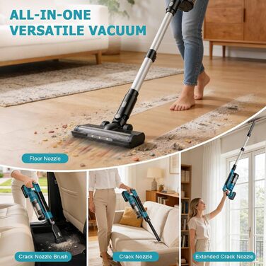 Бездротовий акумуляторний пилосос 700W з 2 акумуляторами 4.0 Ah, LED-дисплеєм, щіткою проти ковтунів, об'ємом 2L, синього кольору. Підходить для килимів, шерсті тварин та твердих підлог.