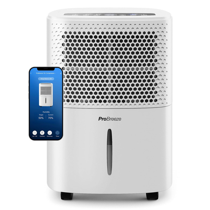 Про Бріз® Eco Kompakt 12L/день - Розумний осушувач повітря з Wi-Fi, LED-дисплеєм, функцією сушіння та автоматичним вимкненням (12л, 20 м²)