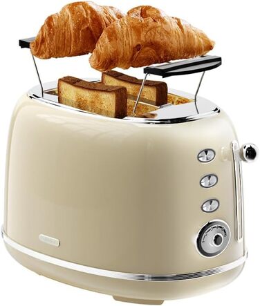 Ретро тостер на 2 тости з нержавіючої сталі – з підставою для булочок, 6 рівнів підсмажування, функція підігріву та розморожування, автовимкнення, кремовий колір, ідеальний для сендвічів та тостів – TS-R008