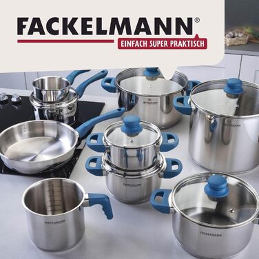 Каструля FACKELMANN Essential Ø20 см з нержавіючої сталі, ергономічні Softtouch-ручки, сучасний дизайн, підходить для всіх типів плит, блакитна каструля з кришкою 20 см