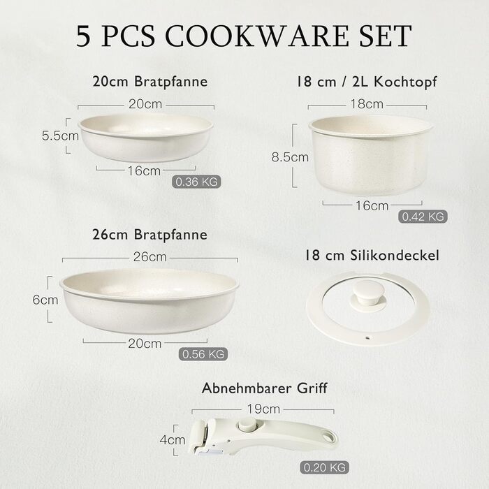 GiPP 5-Piece Ceramic Cookware Set with Removable Handle - Non-Stick, Oven-Safe, Induction Compatible, PTFE/PFOA-Free