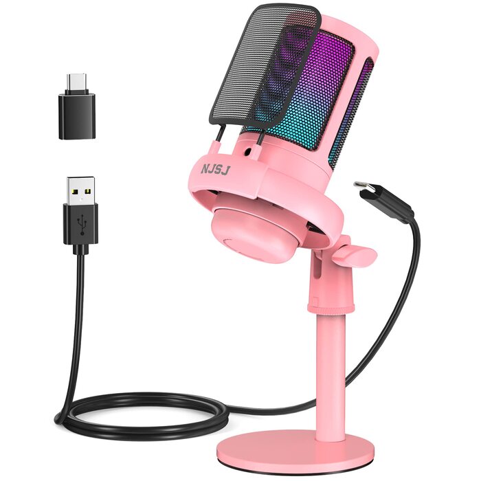 Мікрофон для ПК NJSJ Gaming з тримачем, USB мікрофон для Mac, PS4, PS5 (рожевий) з кнопкою вимкнення звуку, навушниками, поп-фільтром, кардіоїдний конденсаторний мікрофон для подкастів та стрімінгу