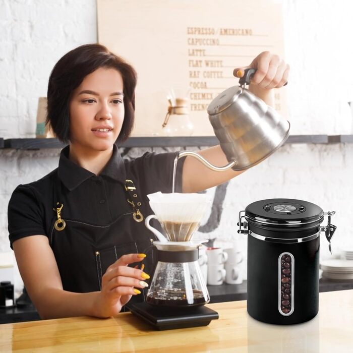 Кейс для кави ROCKY&CHAO 1.8L з нержавіючої сталі, герметичний, з вікном, для кавових зерен, чаю, горіхів, какао