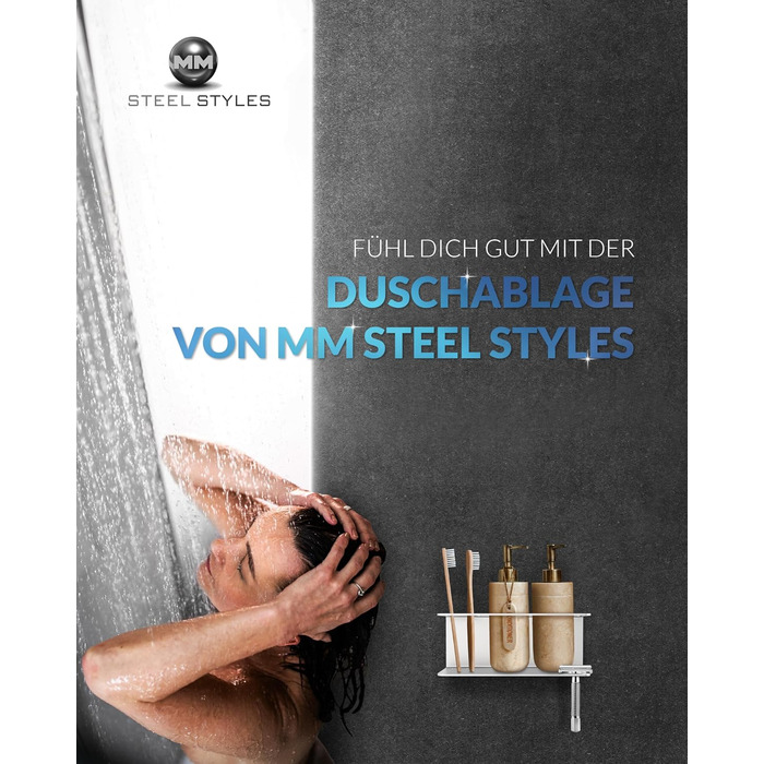 Полиця для ванної без свердління з тримачем для зубних щіток MM Steel Styles, нержавіюча сталь, легке кріплення на клейку основу