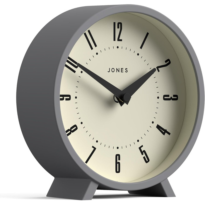 JONES CLOCKS® Desk Clock 'Venus' – modern round design in gray, stylish retro look for shelves, tables, mantels, or bedside tables