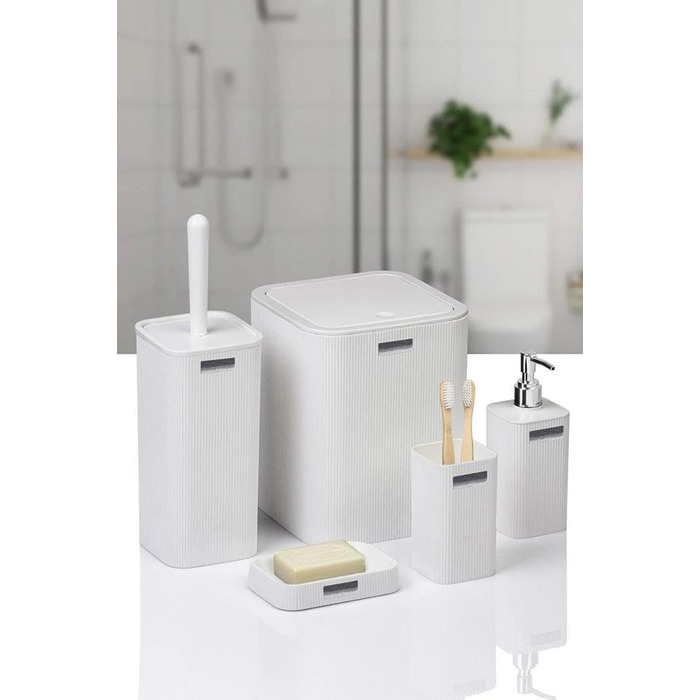 Набір аксесуарів для ванної кімнати Luxus Modern: органайзер для зубних щіток, стаканчики, контейнер для ватних паличок, тримач для туалетного йоржика, мильниця, сміттєвий бачок, дозатор мила (Чорний) (5 шт., Білий)