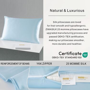 ZIMASILK 25 Momme 100% Mulberry Silk Pillowcase, for Hair and Skin, Both Sides, 900 Thread Count, Natural Silk, Hidden Zipper, 1 Gift Box (Light Blue, 20 x 30 inches)