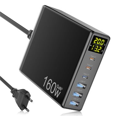 Зарядний пристрій USB-C 160W GaN 6 портів з LED дисплеєм, мережевий адаптер 3x USB-C + 3x USB-A, PPS PD 3.0 для MacBook Pro, iPhone, iPad, Samsung