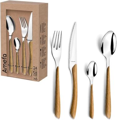Amefa ECLAT Cutlery Set NATURE Brown Wood-Look Dining Cutlery 24-Piece for 6 People Stainless Steel, Rust-Proof, Plastic Grips with Wood-Look Finish, Dishwasher-Safe Cutlery Set for 6 People