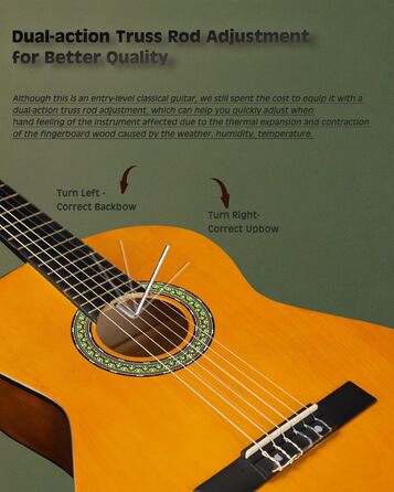 Кітара класична Winzz 4/4 для дорослих та дітей (від 11 років), набір для початківців, чорний глянцевий, 39 дюймів