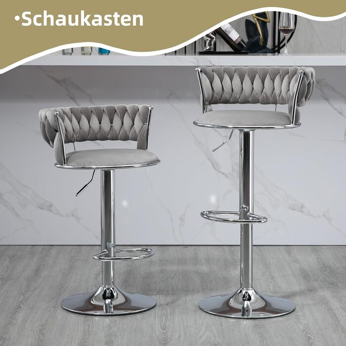 Adjustable Velvet Bar Stools 2-Pack with Backrest & Armrests - Ergonomic Swivel Bar Stools with Handwoven Velvet & Gold Legs for Kitchen Island, Bar, Restaurant - Includes Footrest (Silver, Grey)