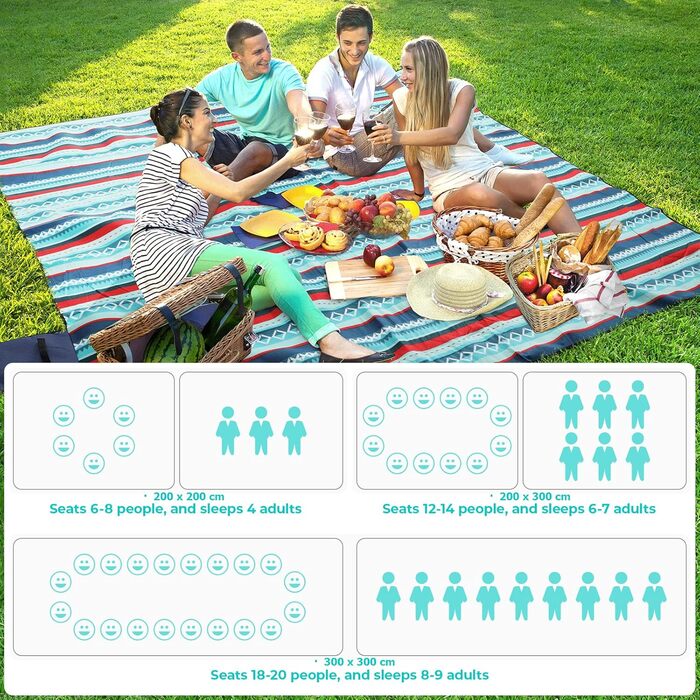 LIFERUN Outdoor Picnic Blanket, 300x300cm, with waterproof backing, Waterproof Picnic Blanket with Carrying Handle, for Camping, Picnic, Hiking, BBQ, Travel Camping Blanket, Green Striped