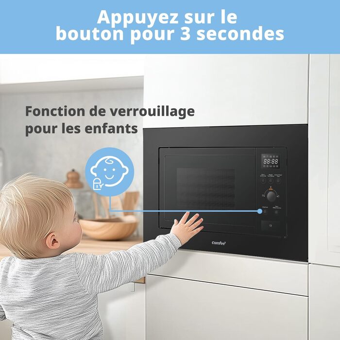 Вбудована мікрохвильова піч COMFEE' CBMAG820BJL-BK, 20 л, 800 Вт, гриль, 5 рівнів потужності, 8 автоматичних меню, функція швидкої заморозки, чорний колір