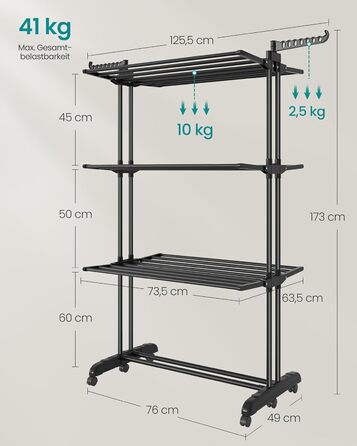 SONGMICS Сушарка для білизни на коліщатках, 4 яруси, розкладна, чорна, 63.5 x 125.5 x 173 см, LLR703G01