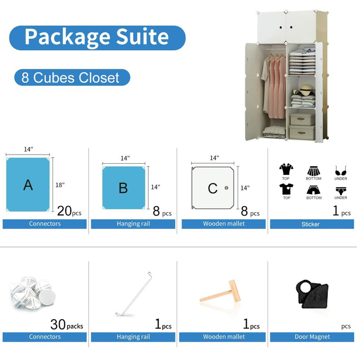 BRIAN & DANY 12-Cube Wardrobe, Modular Closet/Wardrobe/Shelving System, Plastic Wardrobe with Doors & 2 Hangers, Additional Stickers Included (8 Cube, White)