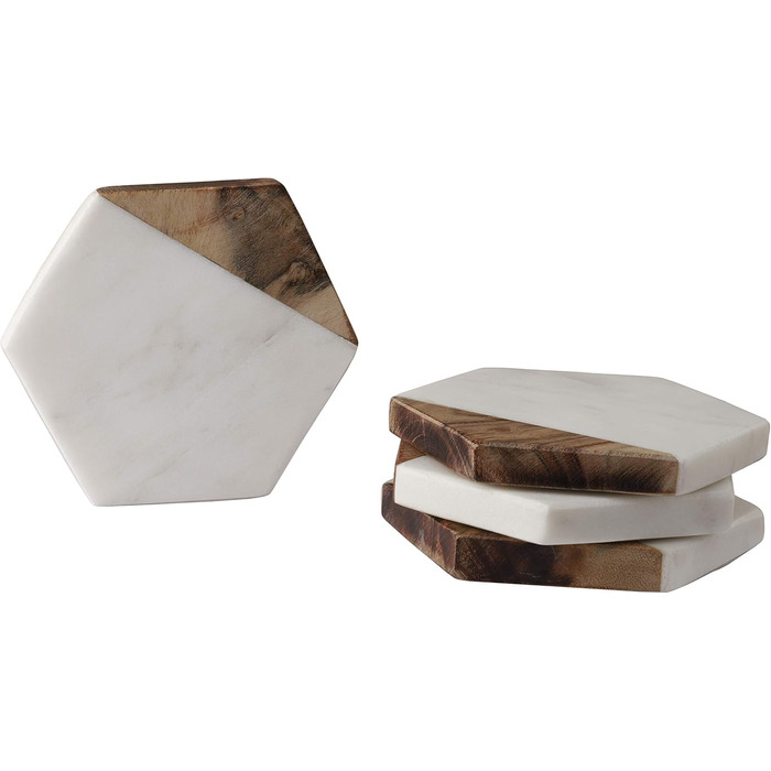 GoCraft Coasters made of marble and mango wood, handcrafted, geometric, white. Marble coasters for drinks, wine glasses, beverages, cocktails, and bar glassware, elegant home decor and