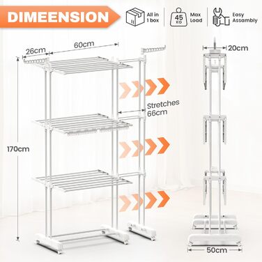 Сушарка для білизни Huracan 2в1: тур, розкладна, висувна, 3 яруси, з тримачами для шкарпеток та білизни (біла)