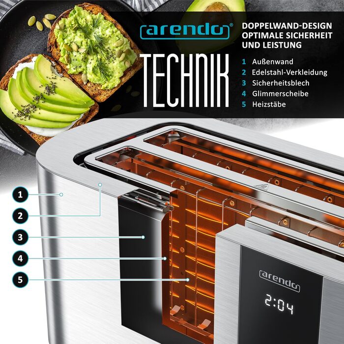 Тостер Arendo з нержавіючої сталі, 4 слоти, сенсорний екран, подвійні стінки, 1500 Вт, підставка для булочок, 6 ступенів підсмажування, центрування хліба, таймер, пам'ять, колір: сталевий