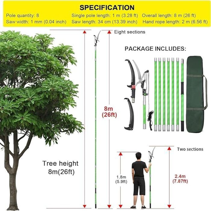 Telescopic pole pruner 8m handsaw, adjustable length, palm high-reach pole with carrying bag, garden tool for cutting palms and shrubs.