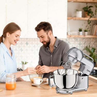 Кухонна машина Camic 2000W: планетарний міксер з чашею з нержавіючої сталі 7л, 10 швидкостями, набором насадок та захистом від бризок, сріблястий