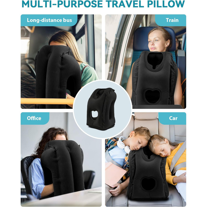 JefDiee Inflatable Neck Pillow Travel Airplane, Portable Travel Pillow, Neck Support Pillow Comfortably Supports Head and Chin, Pillow for Trains, Cars, Office, Home, with 3D Eye Mask, Earplugs (Black)