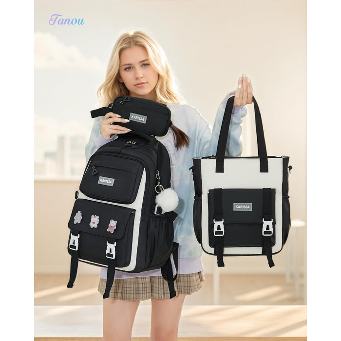 Шкільний рюкзак Tanou для підлітків, чорний, з пеналом та сумкою через плече, відділення для ноутбука 15,6 дюймів